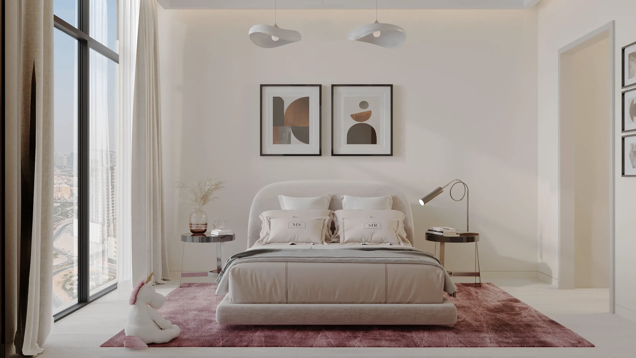 Bedroom in warm neutrals with pendant lights and framed prints
